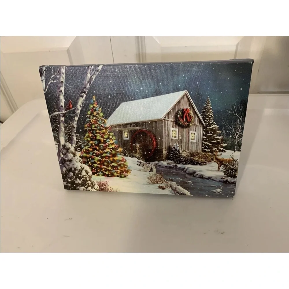 Tabletop led lighted cabin winter snowy scene Holiday Canvas Art with LED Lights